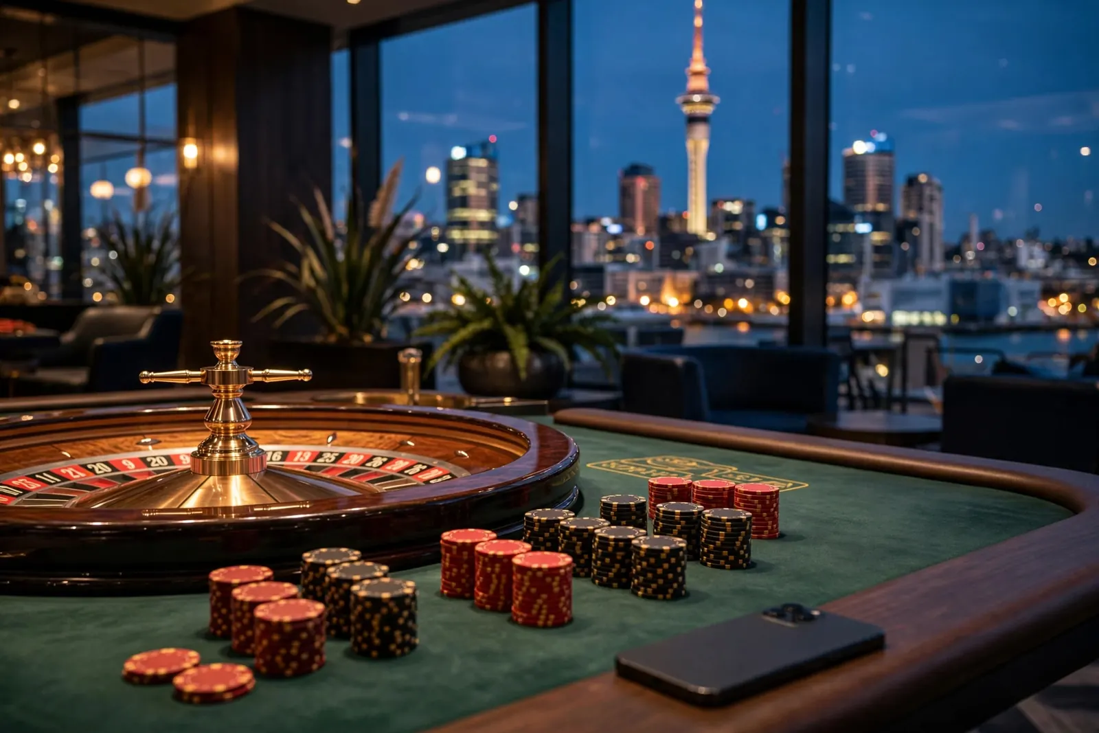 New Zealand casino roulette table with chips and smartphone at dusk