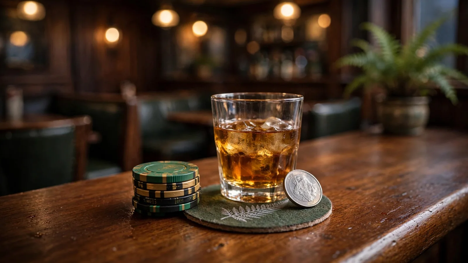 Poker chips and whisky tumbler on a New Zealand pub bar counter at dusk