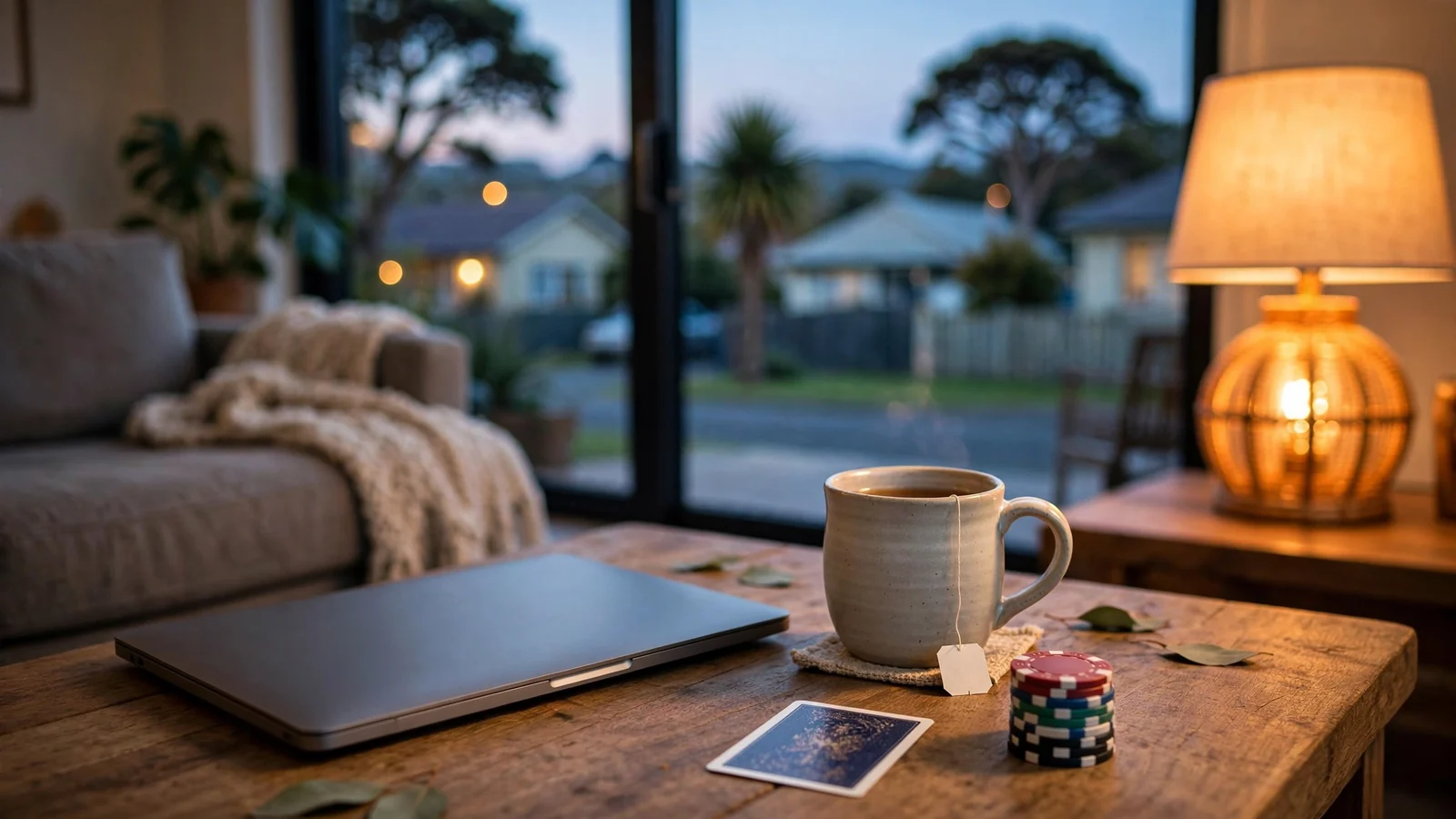 Cozy New Zealand lounge at dusk with chips and a face-down card on a coffee table beside a closed laptop.