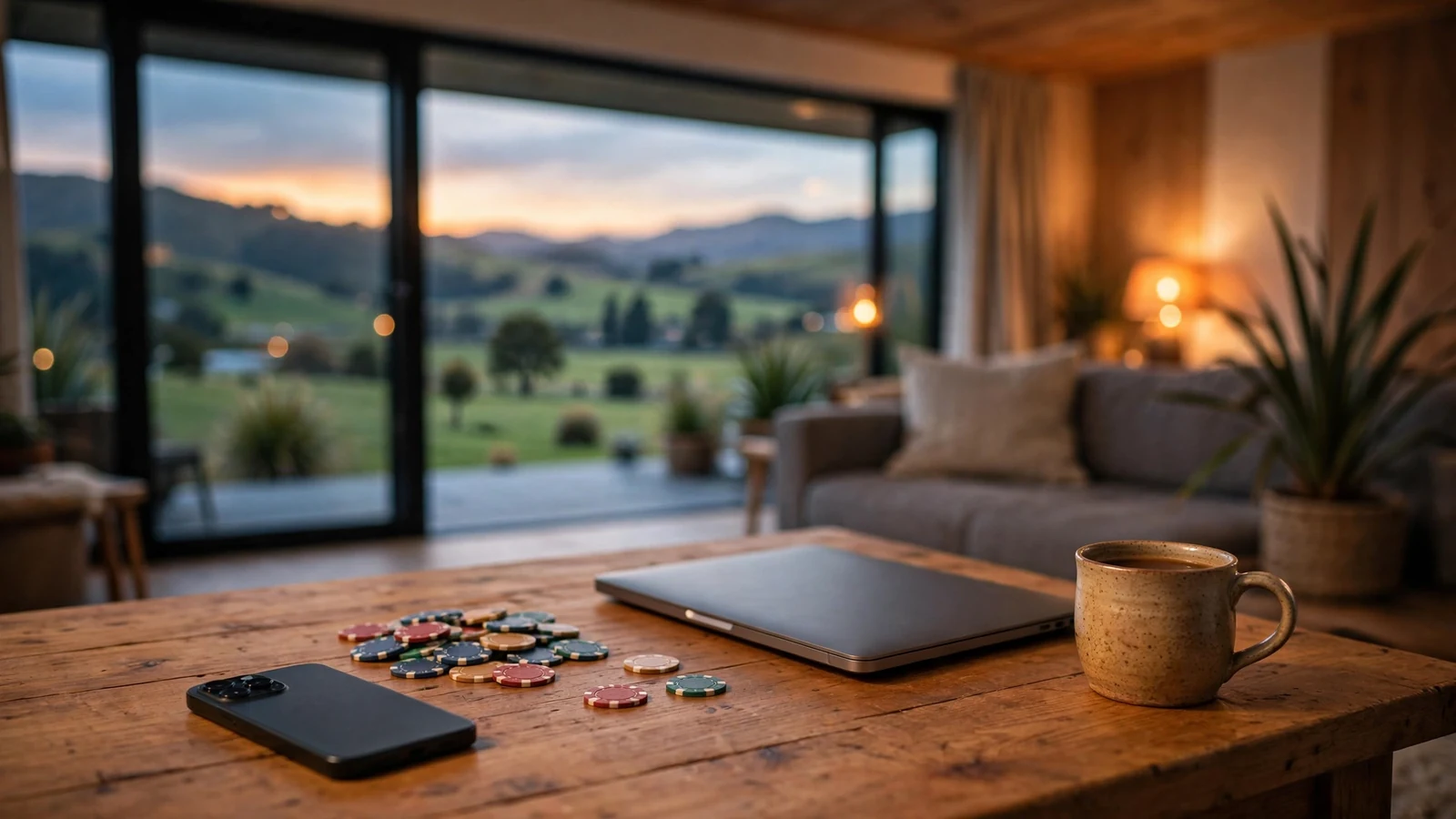 Casino chips beside a laptop and phone with New Zealand hills at dusk