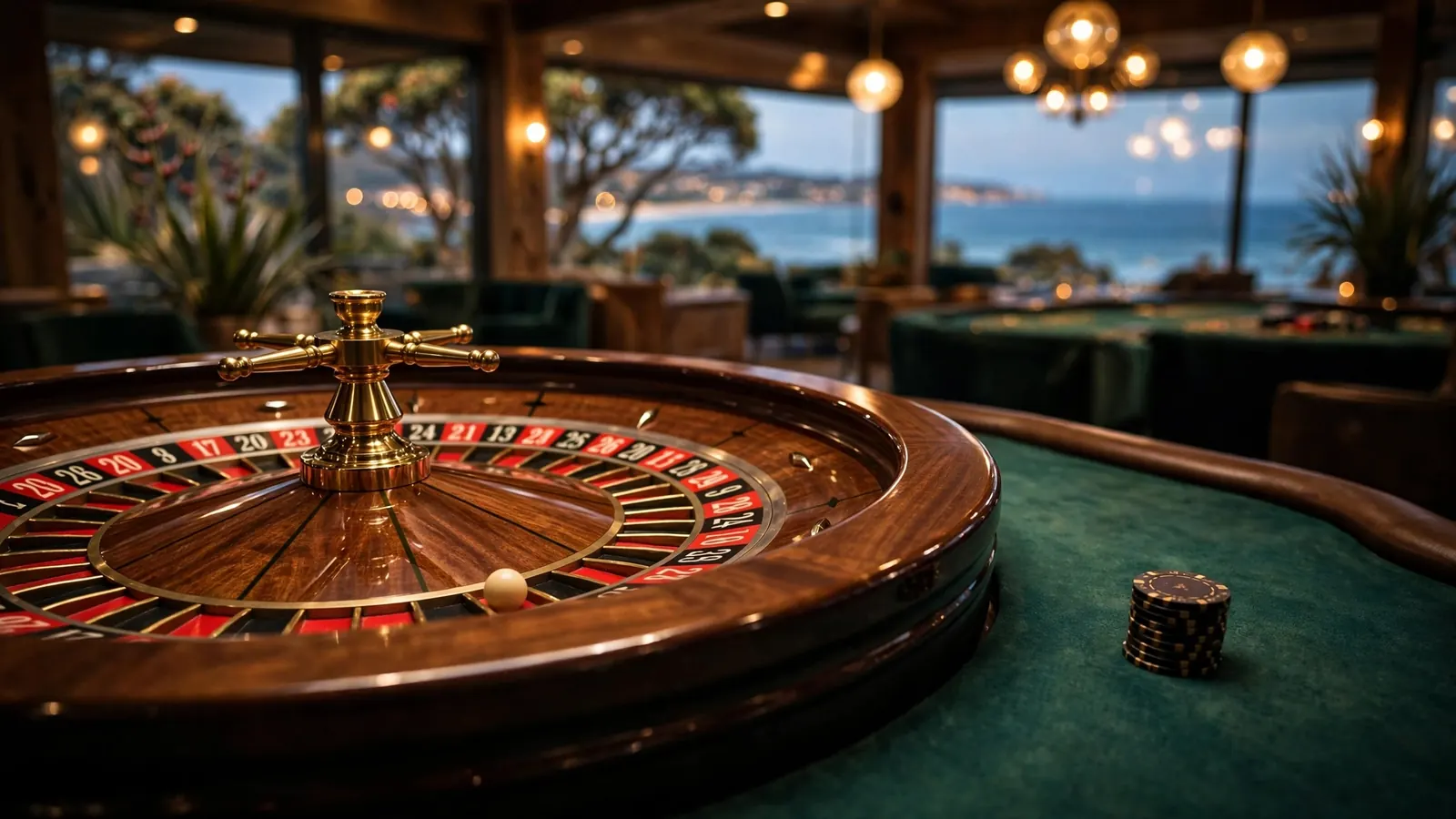 Elegant roulette wheel on a casino table with chips