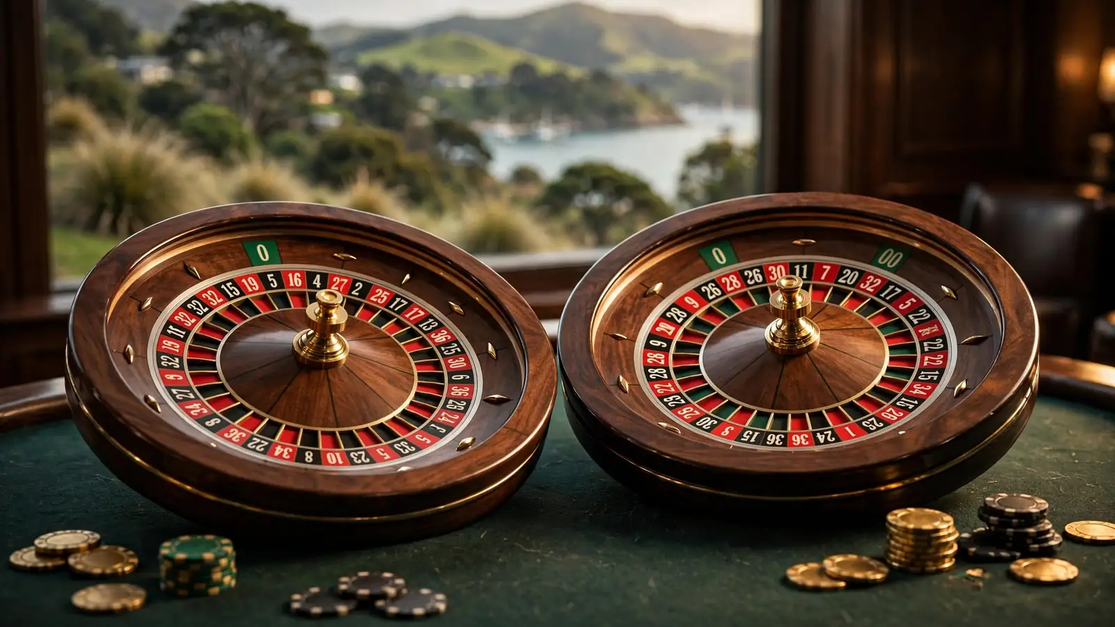 European and American roulette wheels compared on a felt table