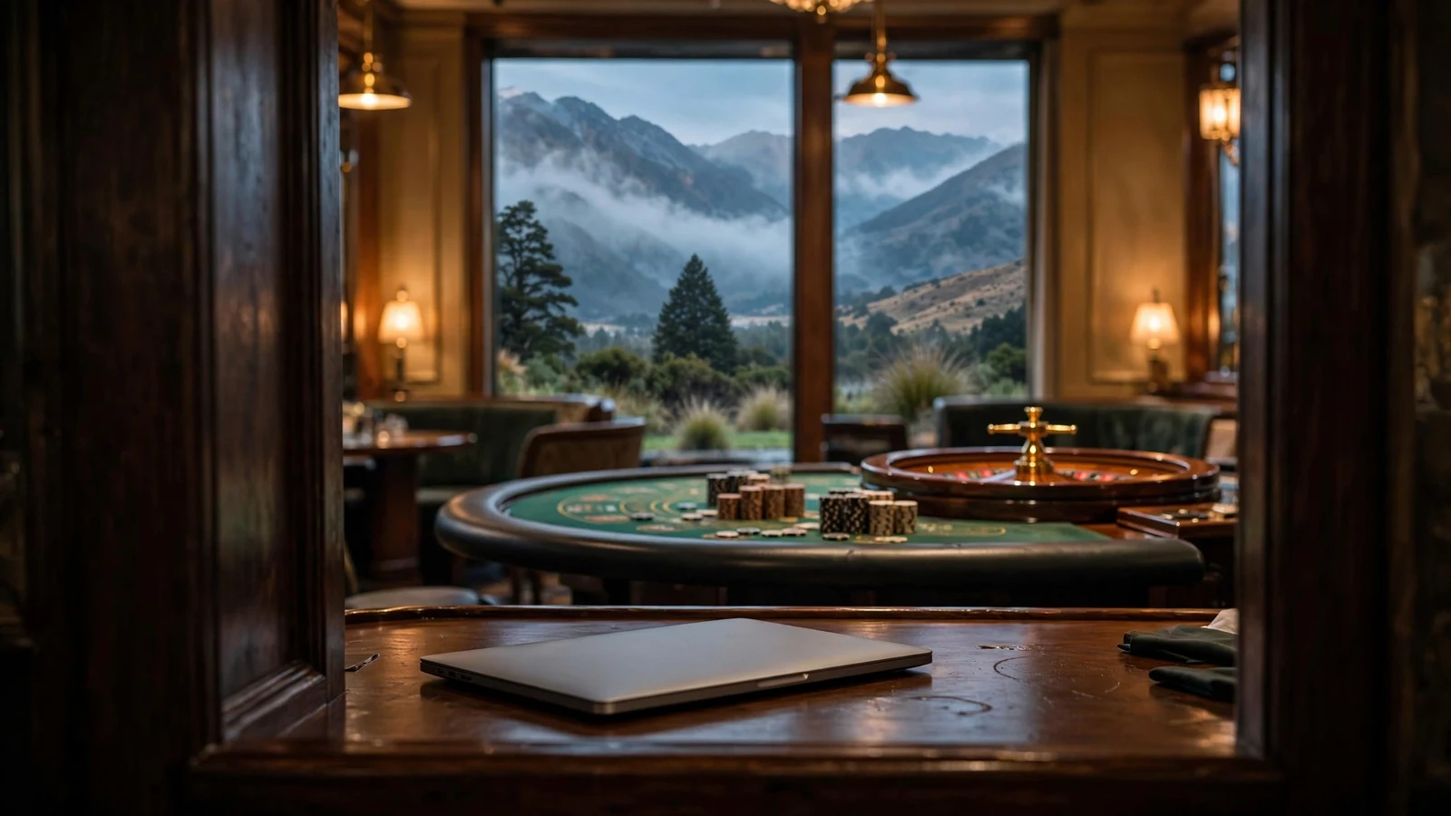 Elegant casino interior with laptop, chips, roulette wheel, and New Zealand mountain view at dusk