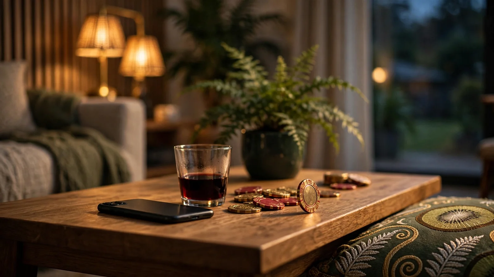 Smartphone on a table with casino chips, New Zealand living room