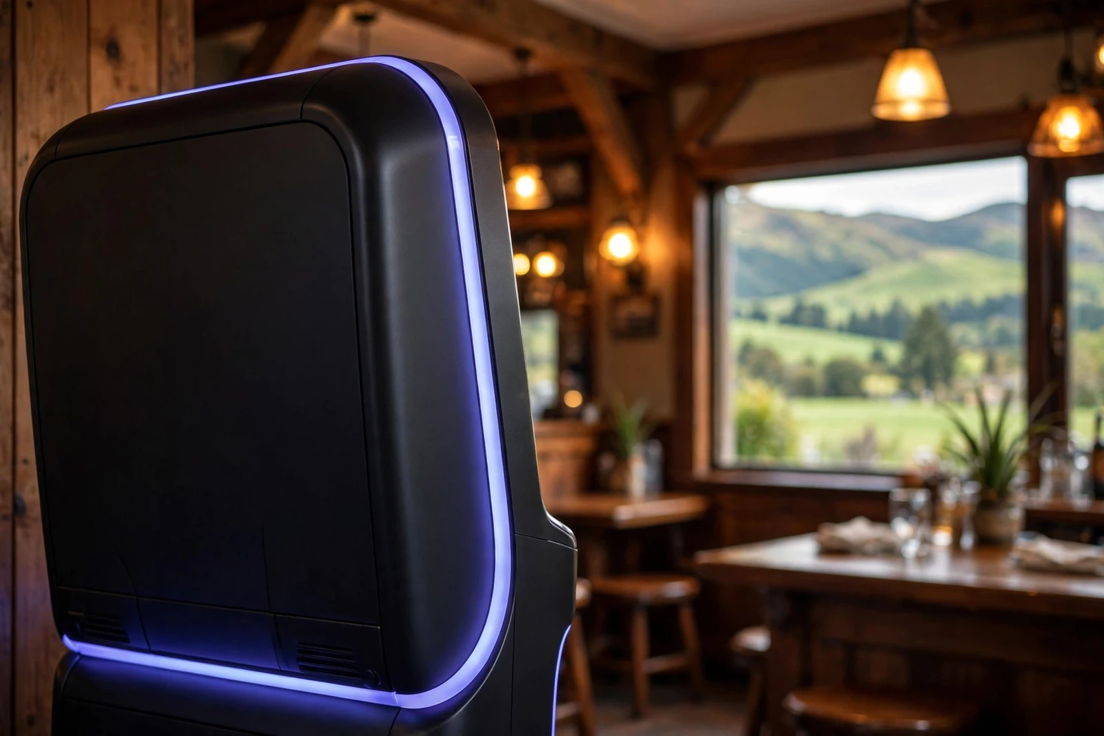 Modern pokie machine inside a New Zealand pub with green hills visible through the window