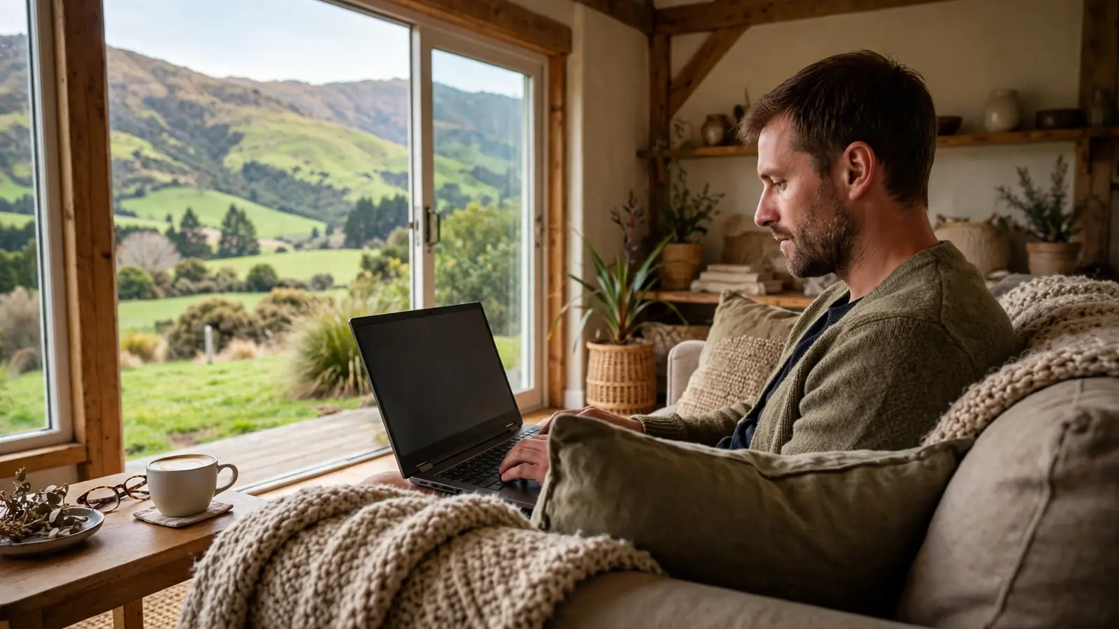Casual player using a laptop with a coffee in a cozy New Zealand living room.