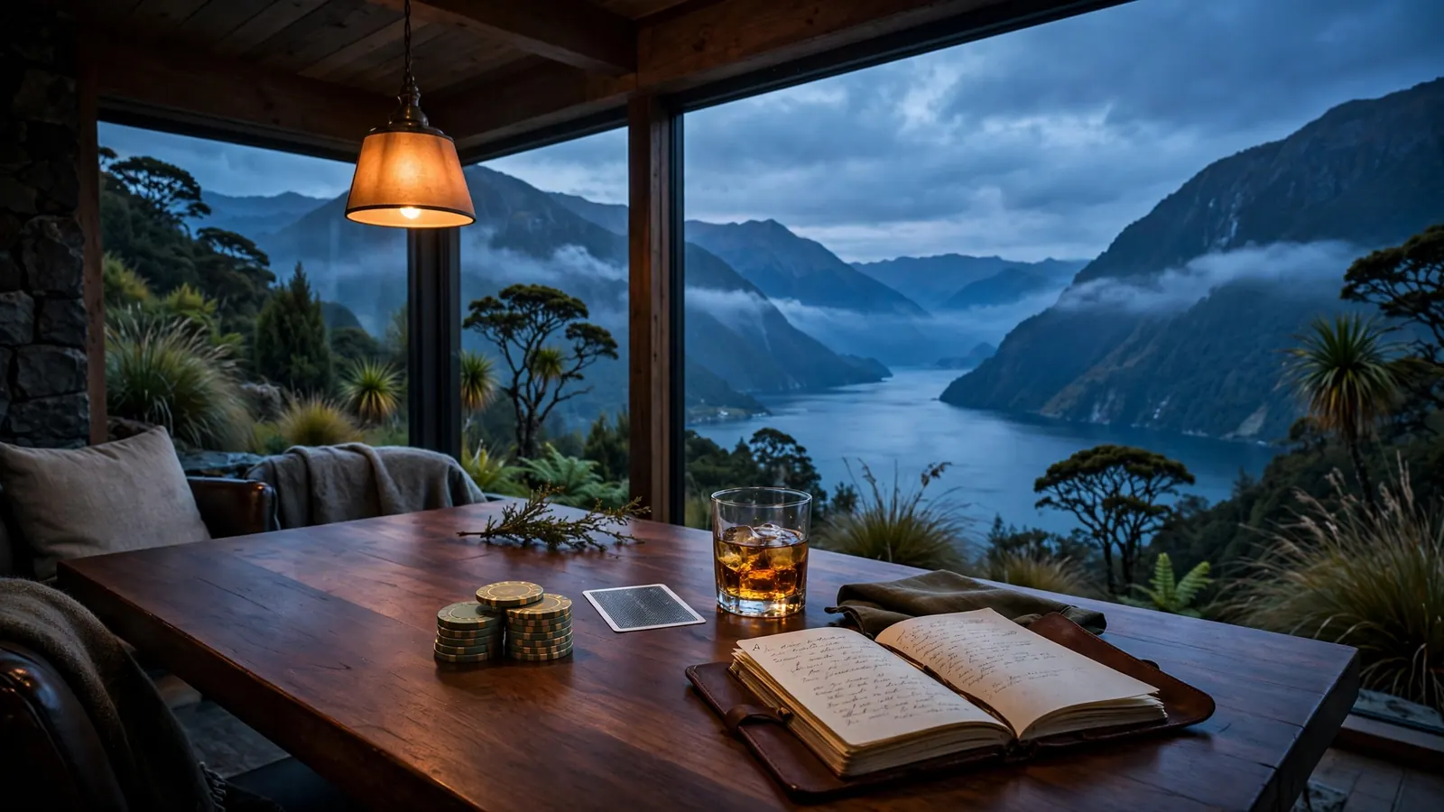Casino chips and a face-down card on a wooden table with a New Zealand fjord view at twilight.
