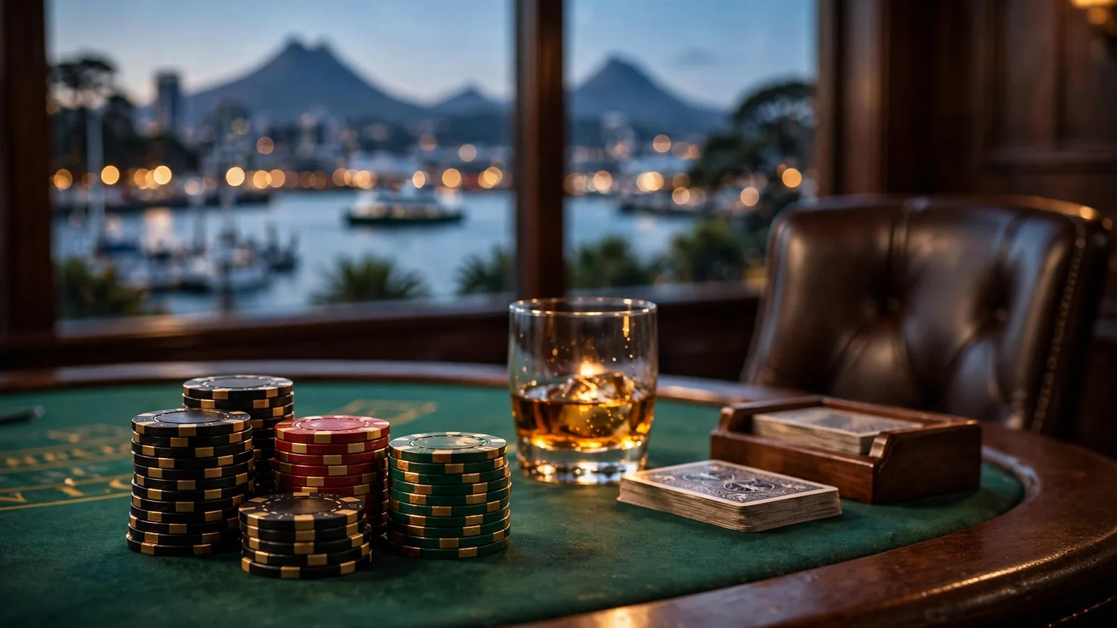 Blackjack table with chips and cards overlooking a New Zealand harbor at night.