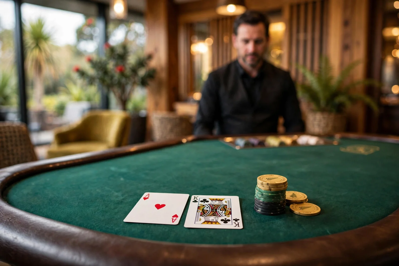 Casino blackjack table with cards and chips in a New Zealand gaming venue