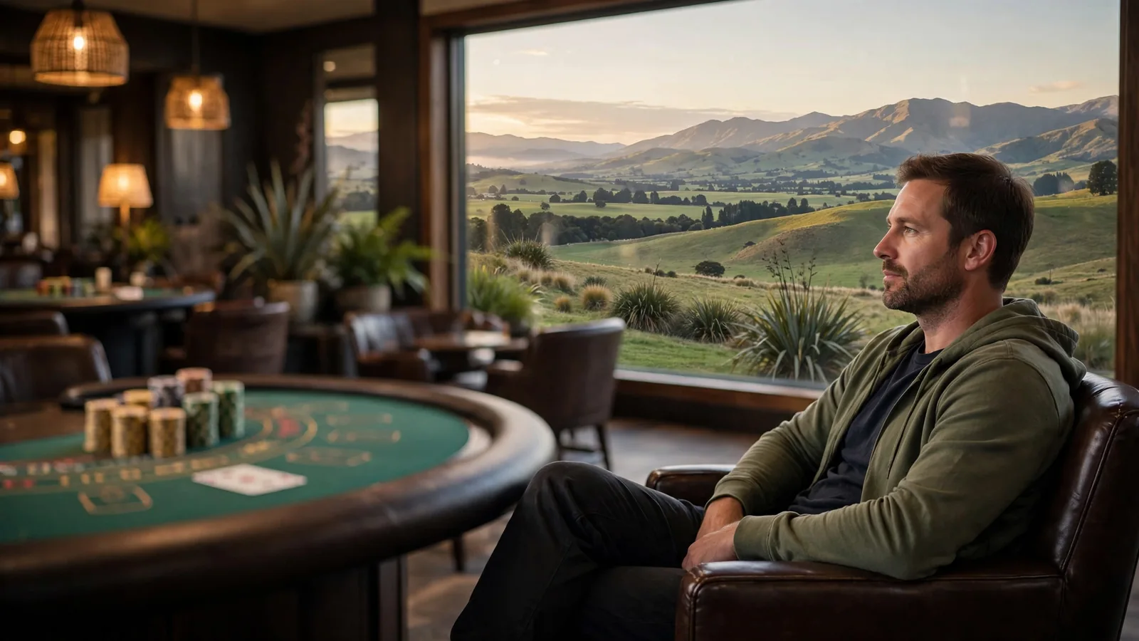 Casino lounge with blackjack table overlooking New Zealand hills at dawn