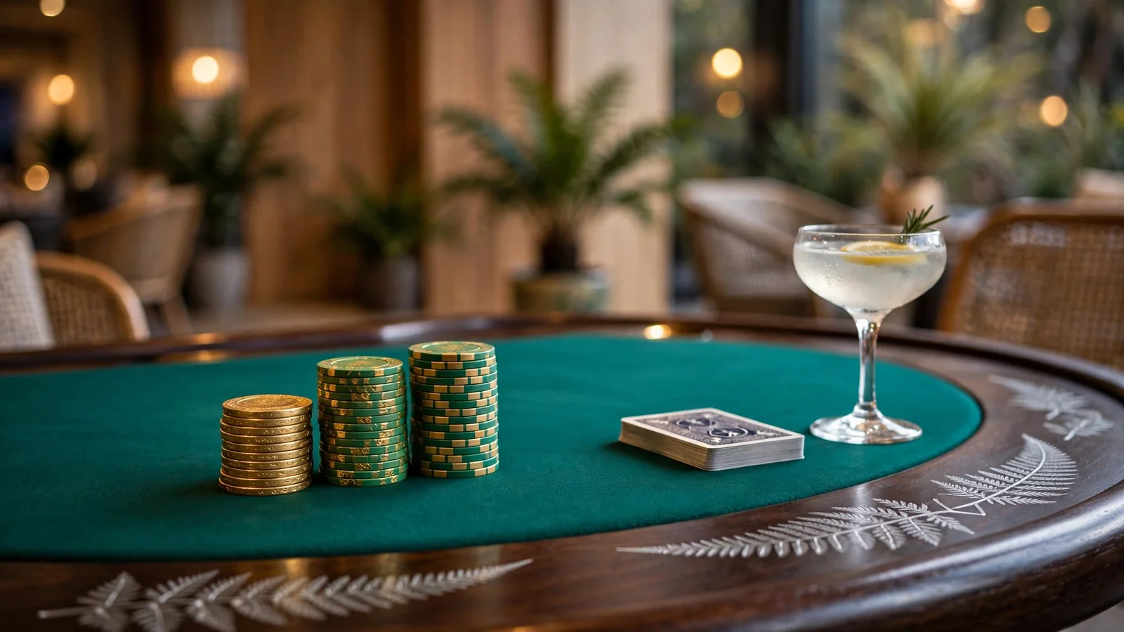 Blackjack table with stacked chips and a deck of cards in a New Zealand casino