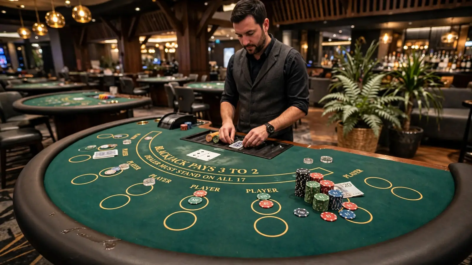 Dealer behind a green blackjack table inside a New Zealand casino