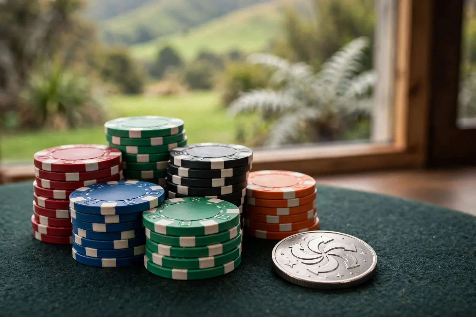 Person relaxing with smartphone in modern New Zealand living room with casino chips