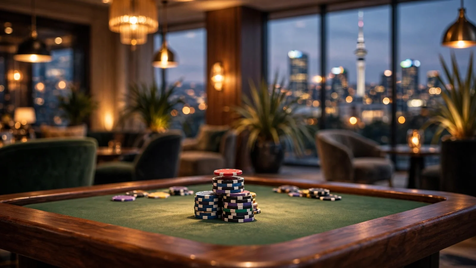 Casino table with stacked chips and glowing lounge interior, New Zealand skyline at dusk