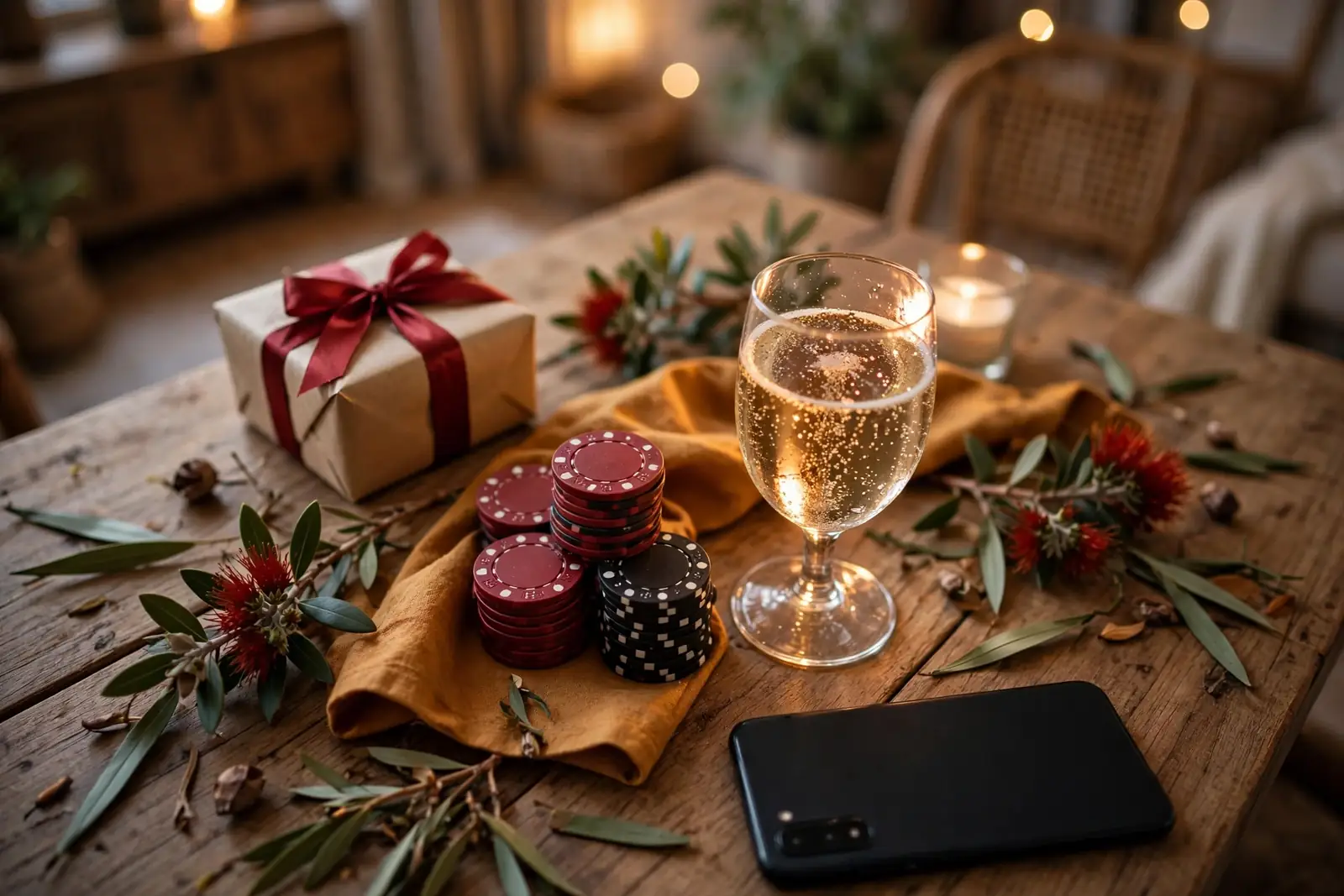 Birthday gift box with poker chips and sparkling wine on a wooden table