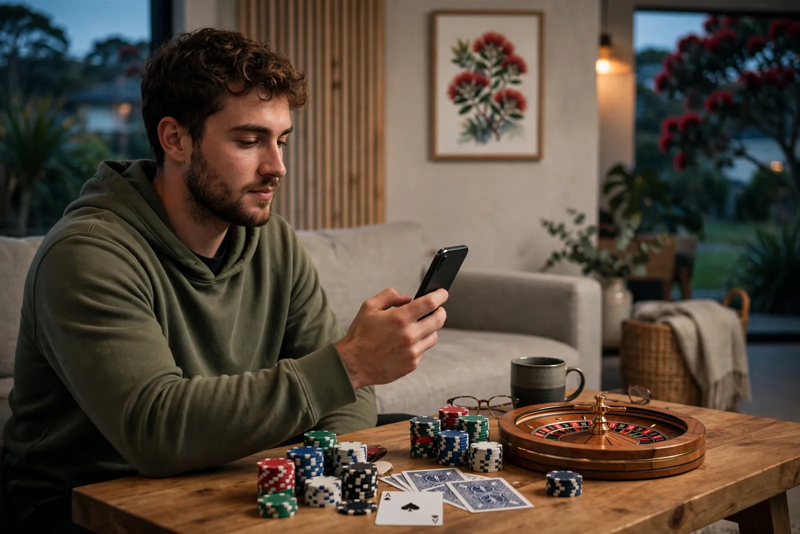 New Zealand player holding smartphone near casino chips, cards and mini roulette