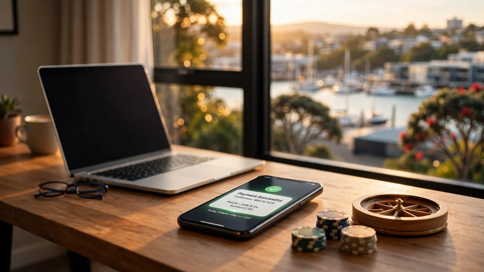 Casino chips, smartphone payout notification, and laptop on a sunlit New Zealand desk