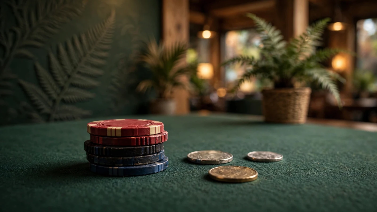 Small stack of casino chips with coins on green felt, New Zealand theme