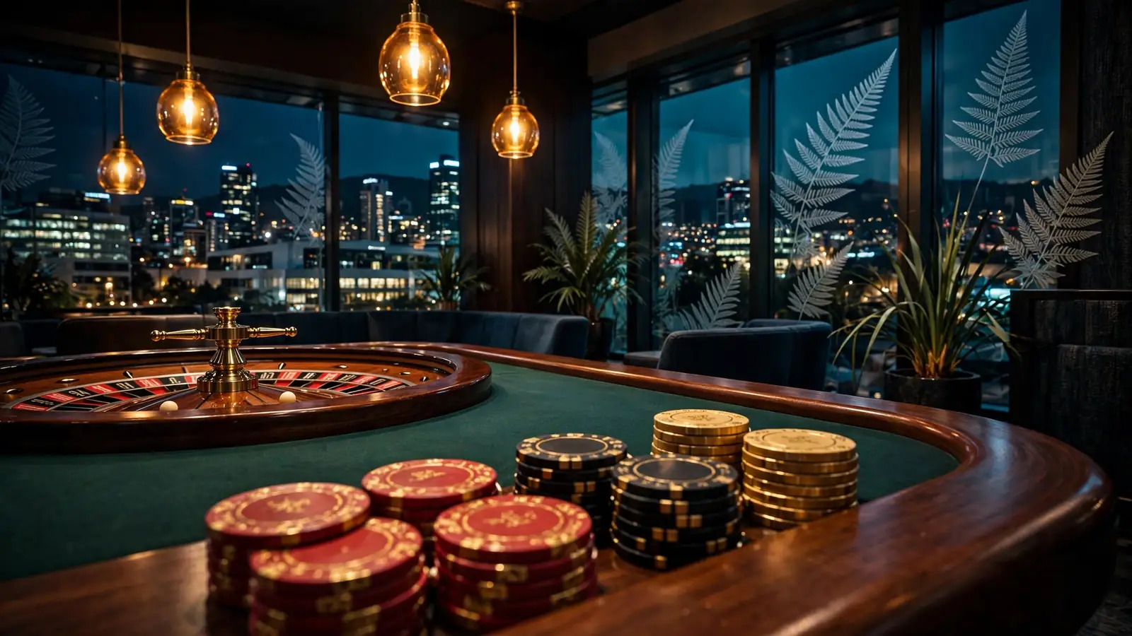 Elegant casino table with roulette wheel and chips, NZ city skyline at night