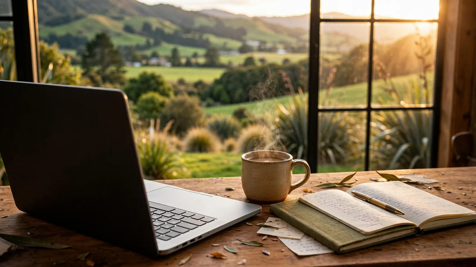 Open laptop on a wooden desk with coffee and a New Zealand landscape view