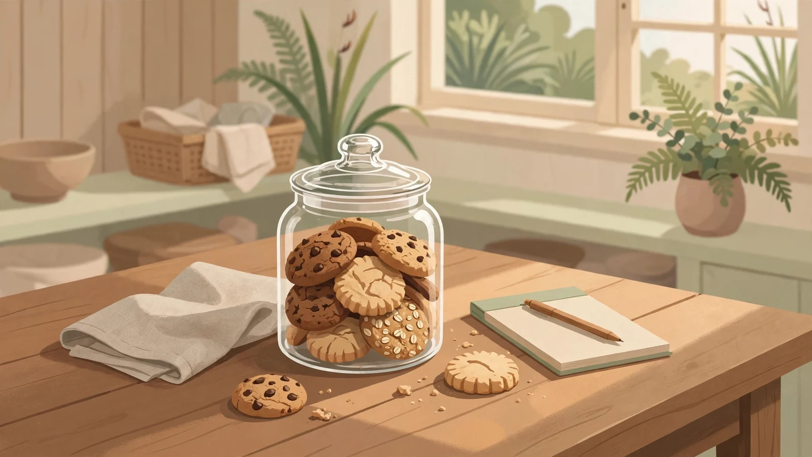 Glass jar of cookies on a wooden kitchen table with notepad
