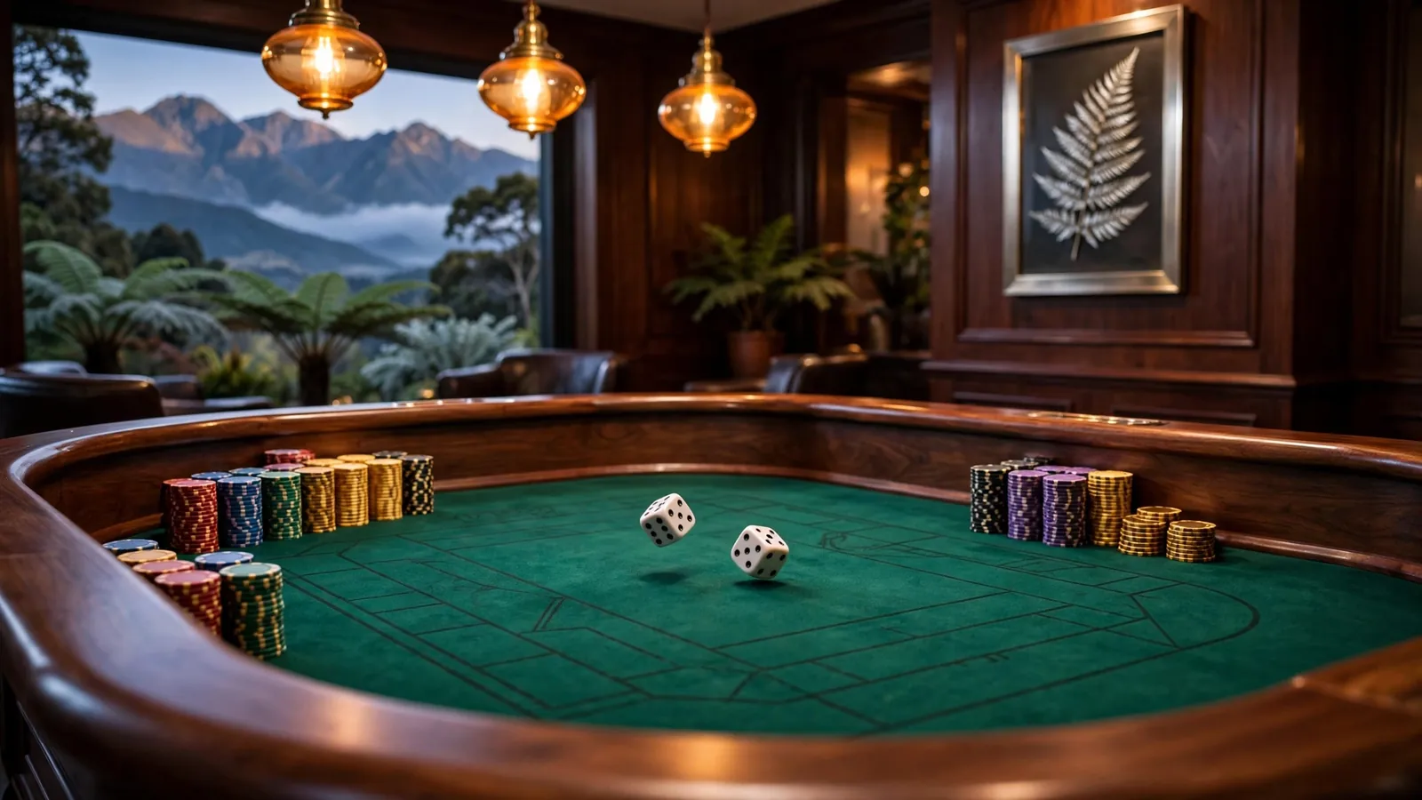 Craps table with dice and chips in an elegant New Zealand gaming lounge