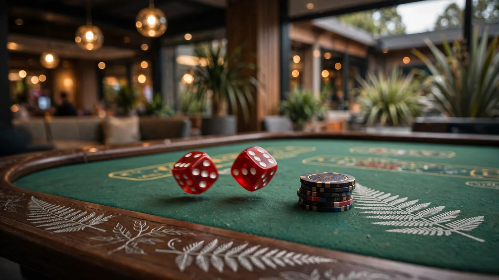 Red dice rolling on a casino craps table with chips