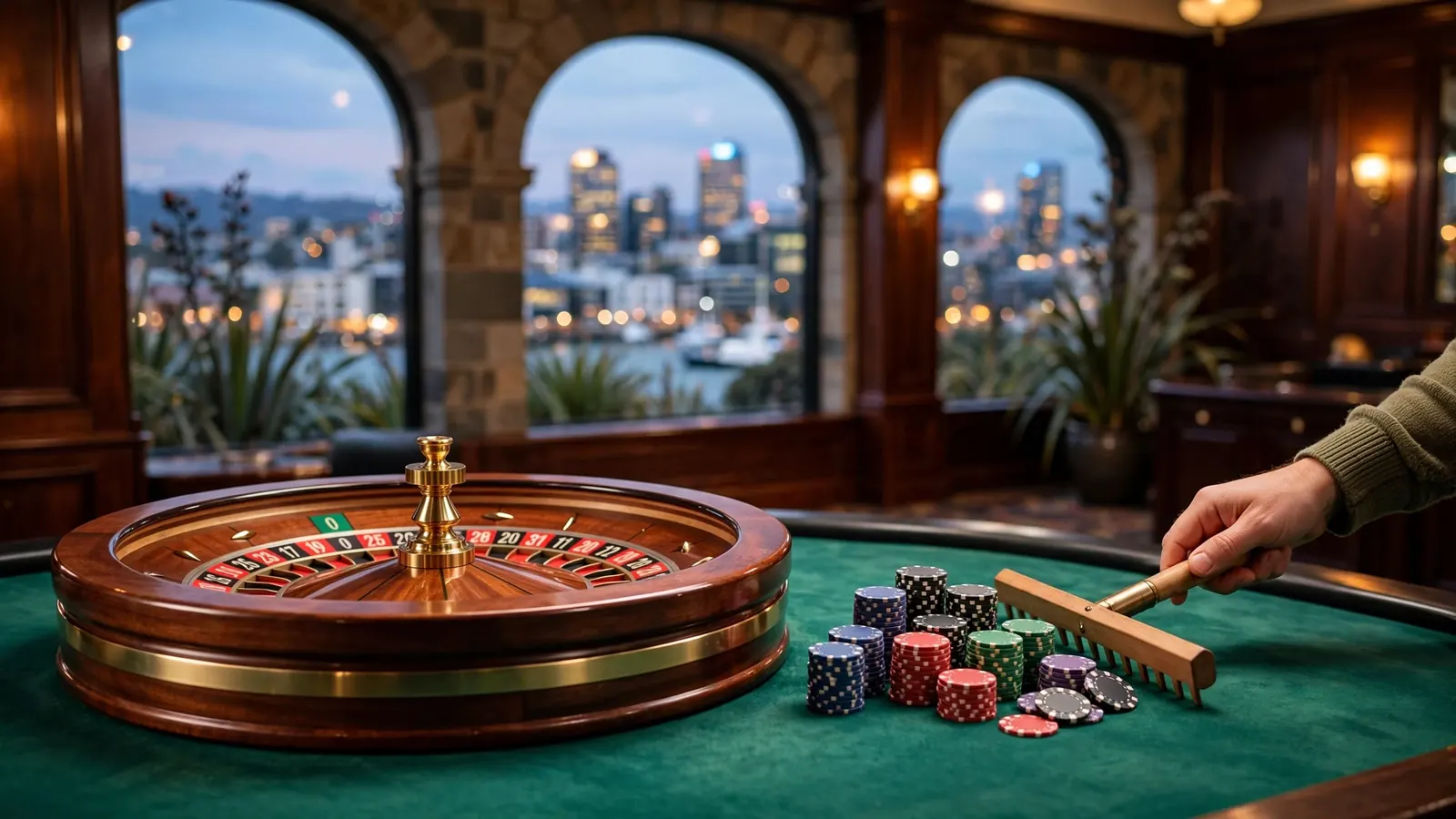 European roulette wheel on a casino table with an Auckland cityscape view at dusk.