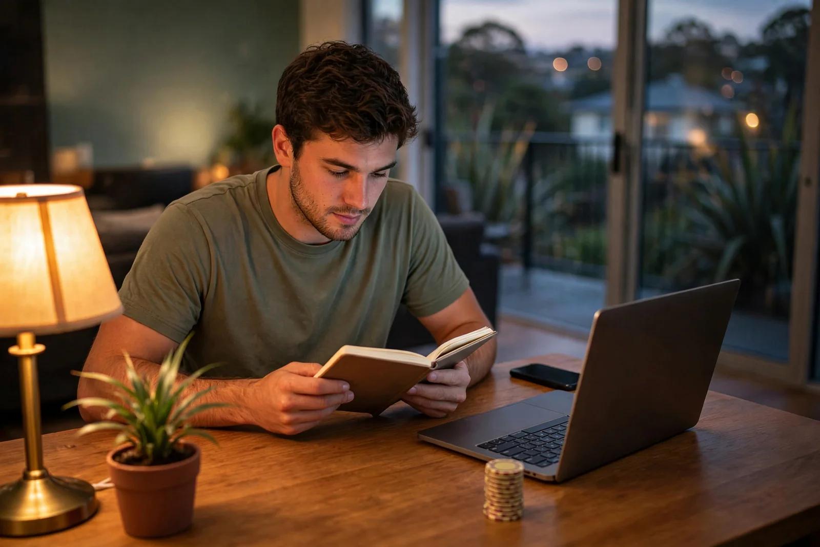 A New Zealand man thoughtfully reviewing first-deposit casino bonus details at a home desk.