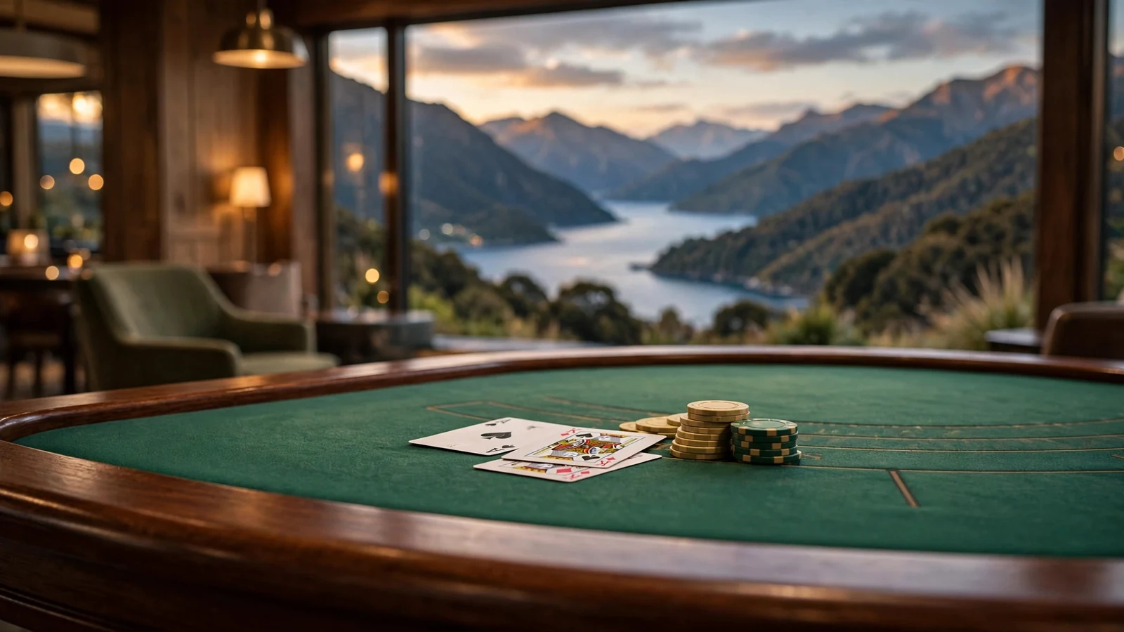 Blackjack table with chips and cards overlooking New Zealand fjord landscape
