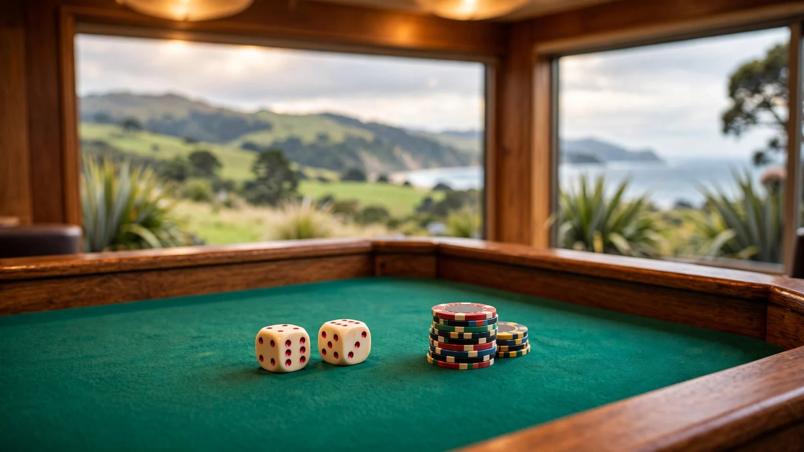 Ivory dice and casino chips on a green craps table with a New Zealand landscape in the background