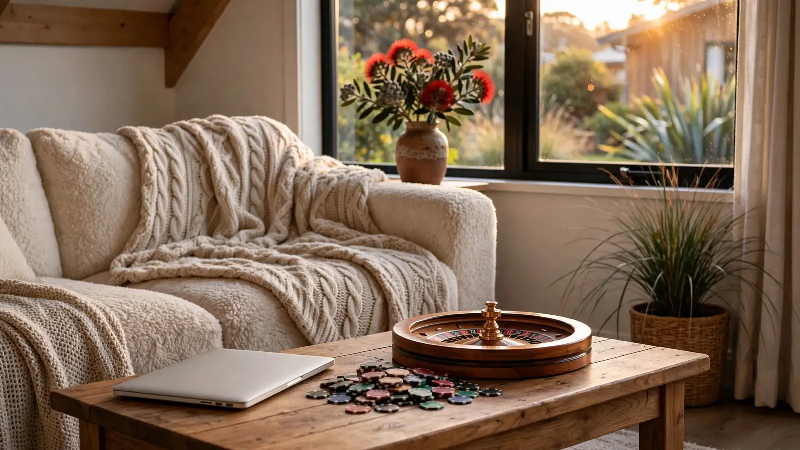 Cozy New Zealand living room with casino chips and roulette wheel decor at golden hour