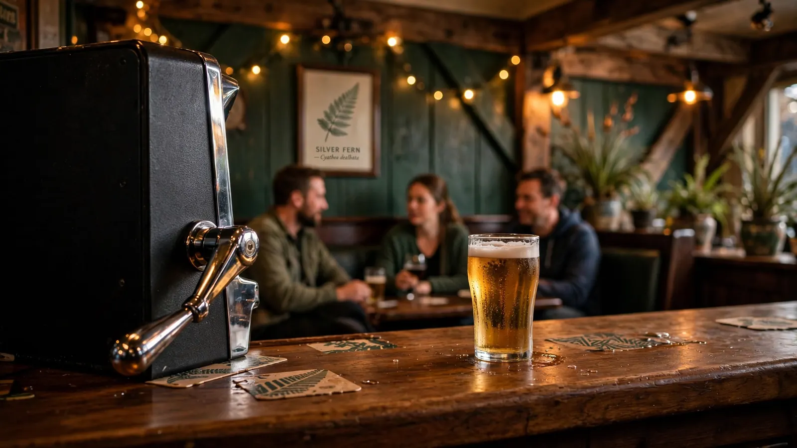Cozy New Zealand pub bar counter with a slot machine facing away and a glass of beer