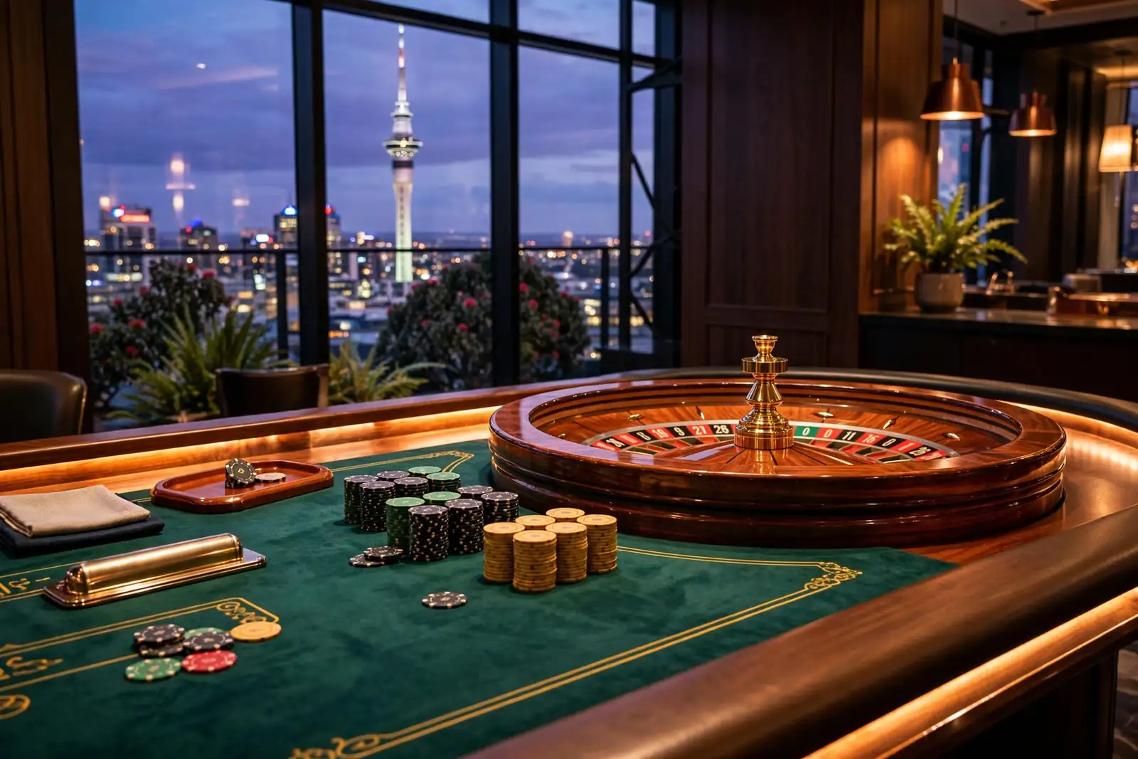 French roulette wheel on a casino table with Auckland skyline at dusk