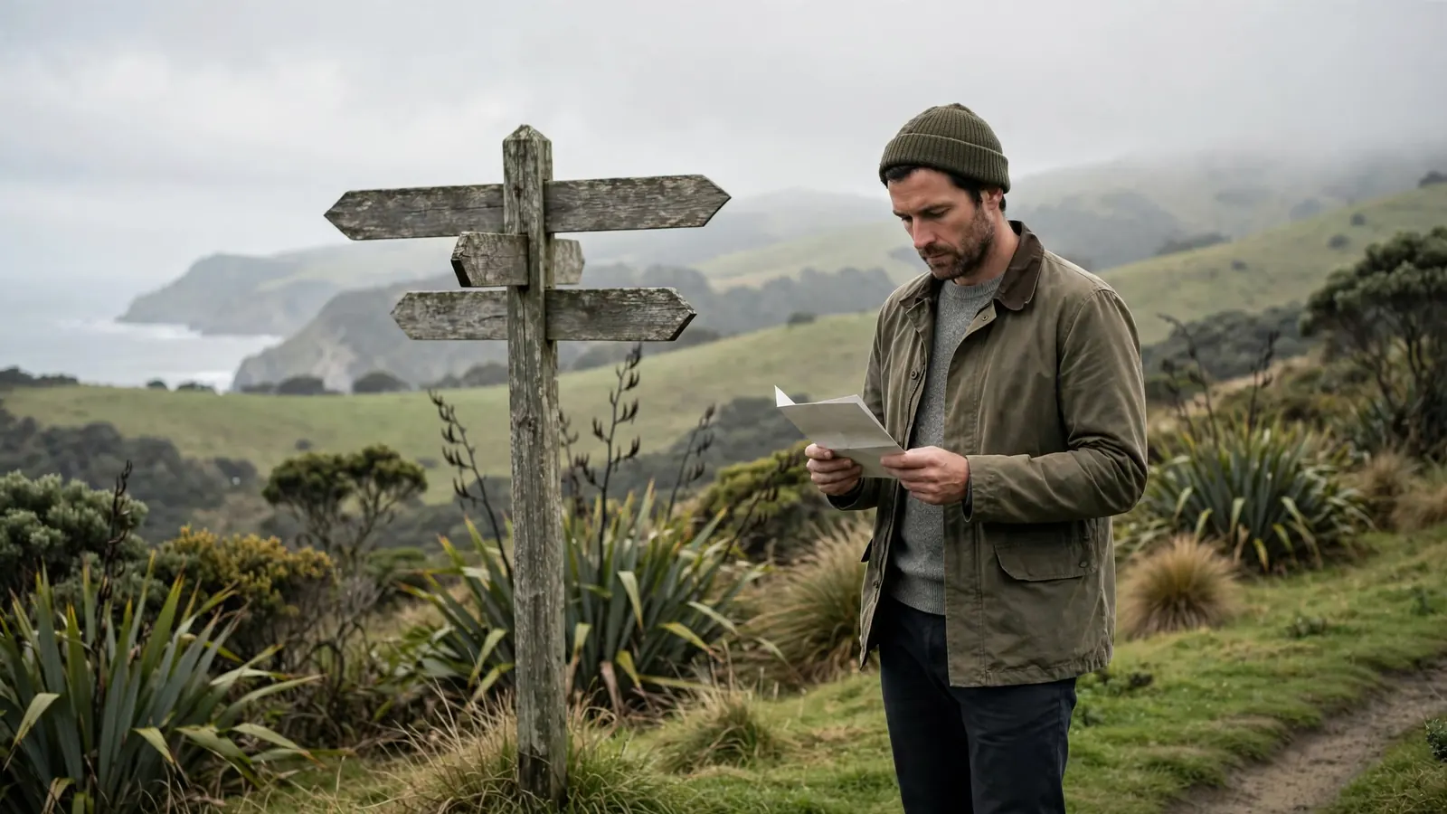 Person reading a document at a New Zealand coastal crossroads signpost, thoughtful and cautious.