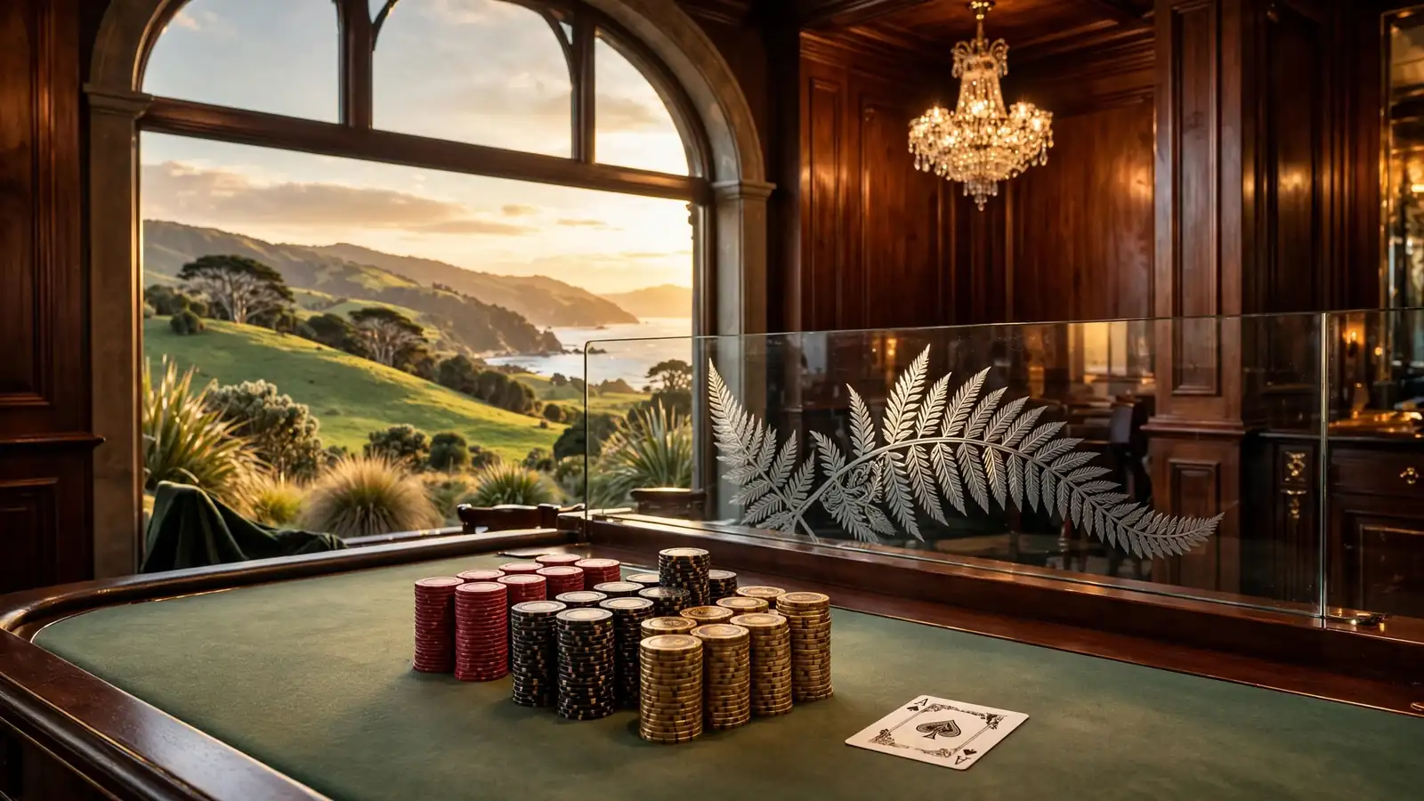 Luxury high-roller casino VIP lounge with chips and New Zealand landscape view