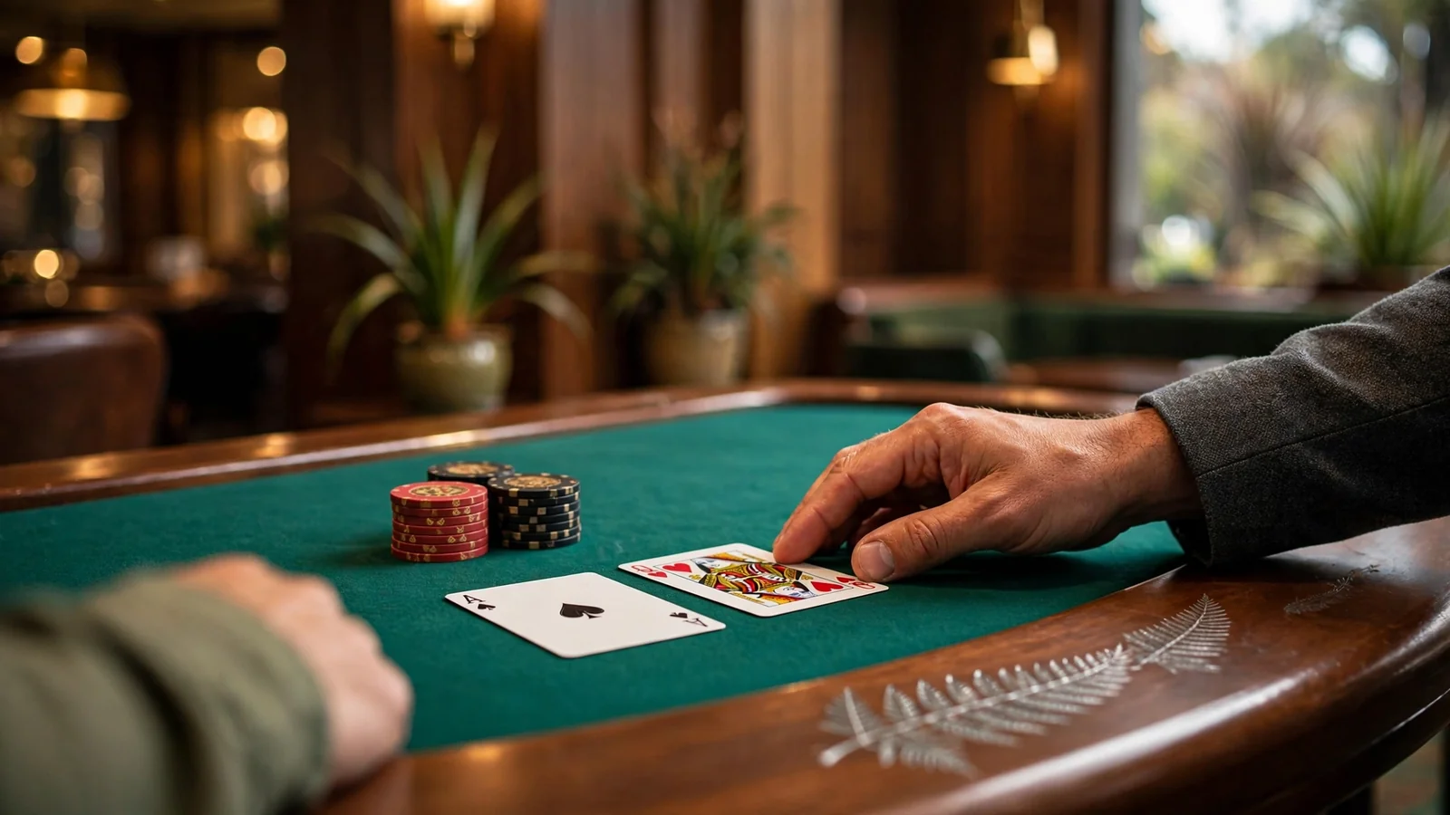 Blackjack table with dealer pushing cards to a player in a New Zealand casino