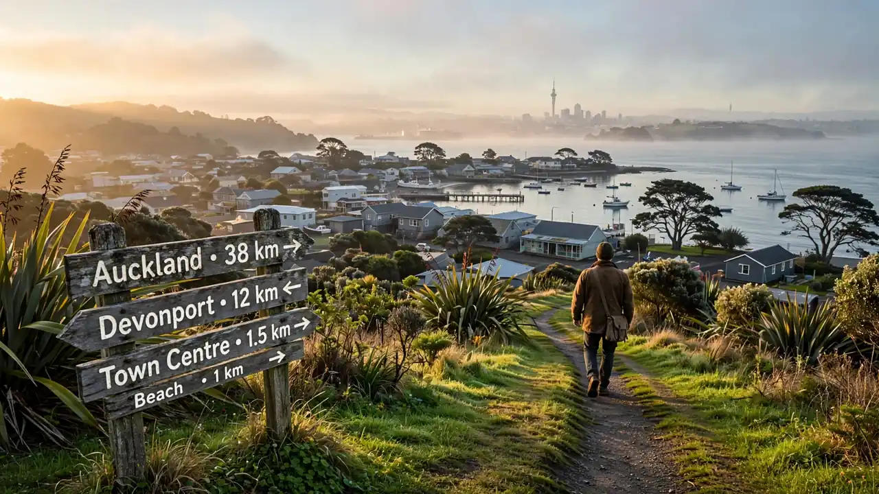 New Zealand coastal town at dawn with a wooden signpost suggesting regulatory transition