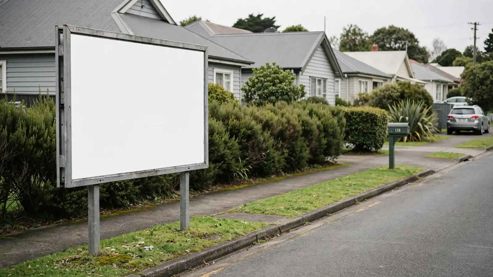 An empty blank billboard on a quiet New Zealand street symbolizing advertising restrictions