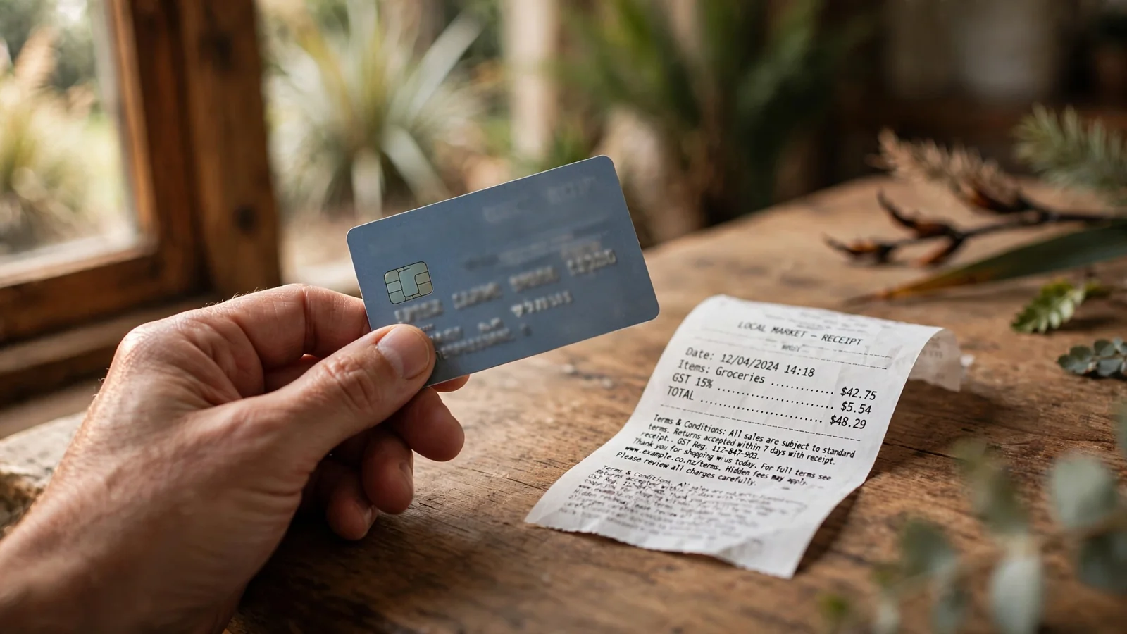 A hand holding a credit card near a receipt with fine print, scrutinizing payment details