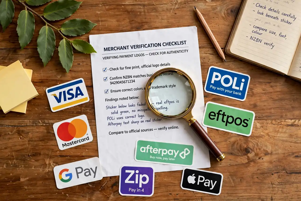 Payment method logos on a desk with a magnifying glass and printed document