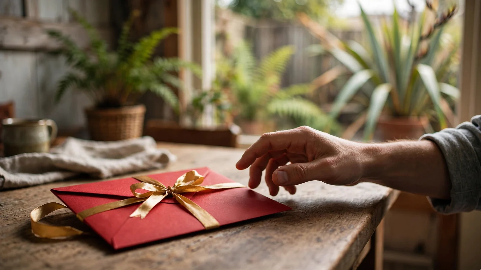 A closed red envelope with golden ribbon and a hesitant hand reaching toward it