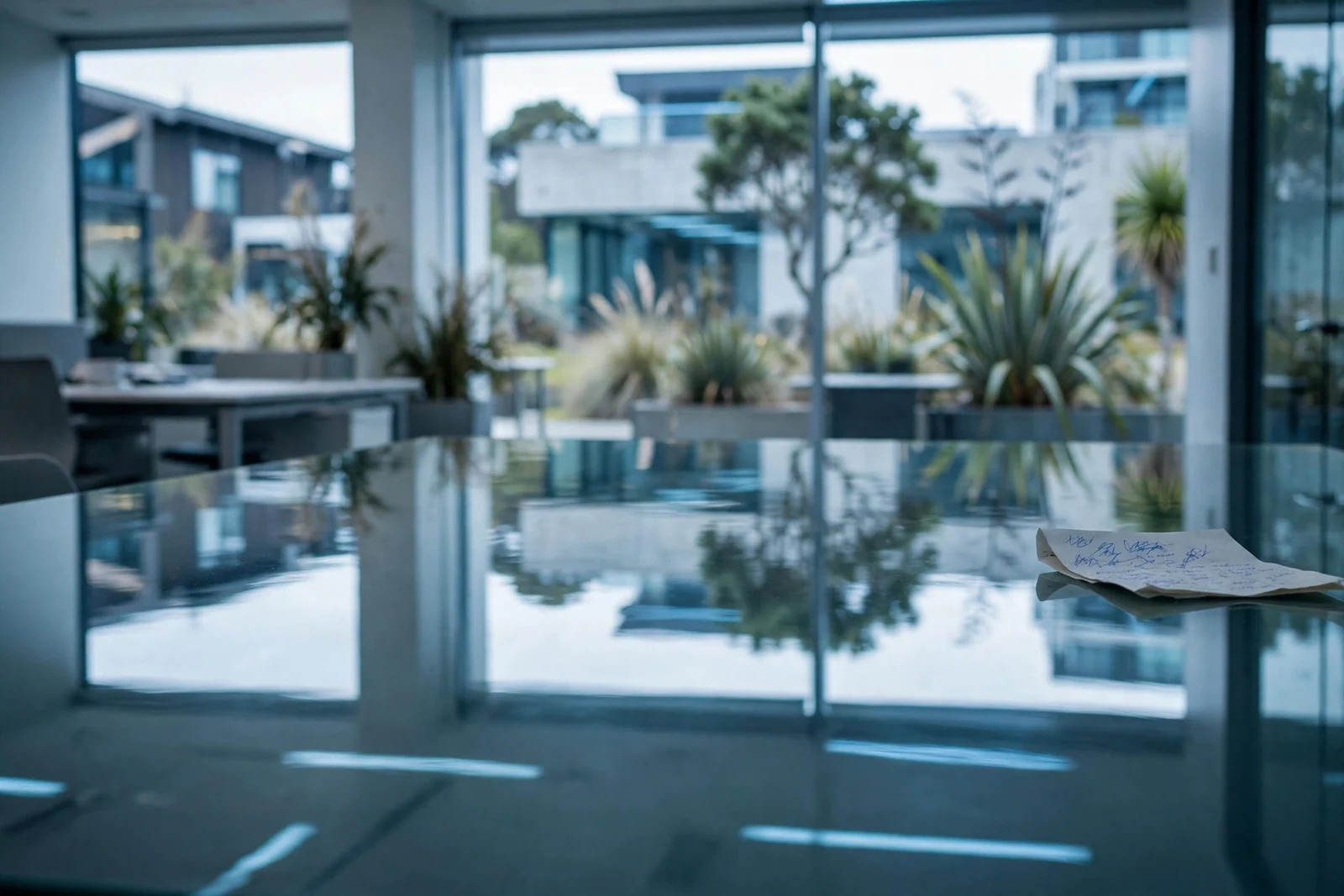 A polished glass surface with reflections next to a handwritten note