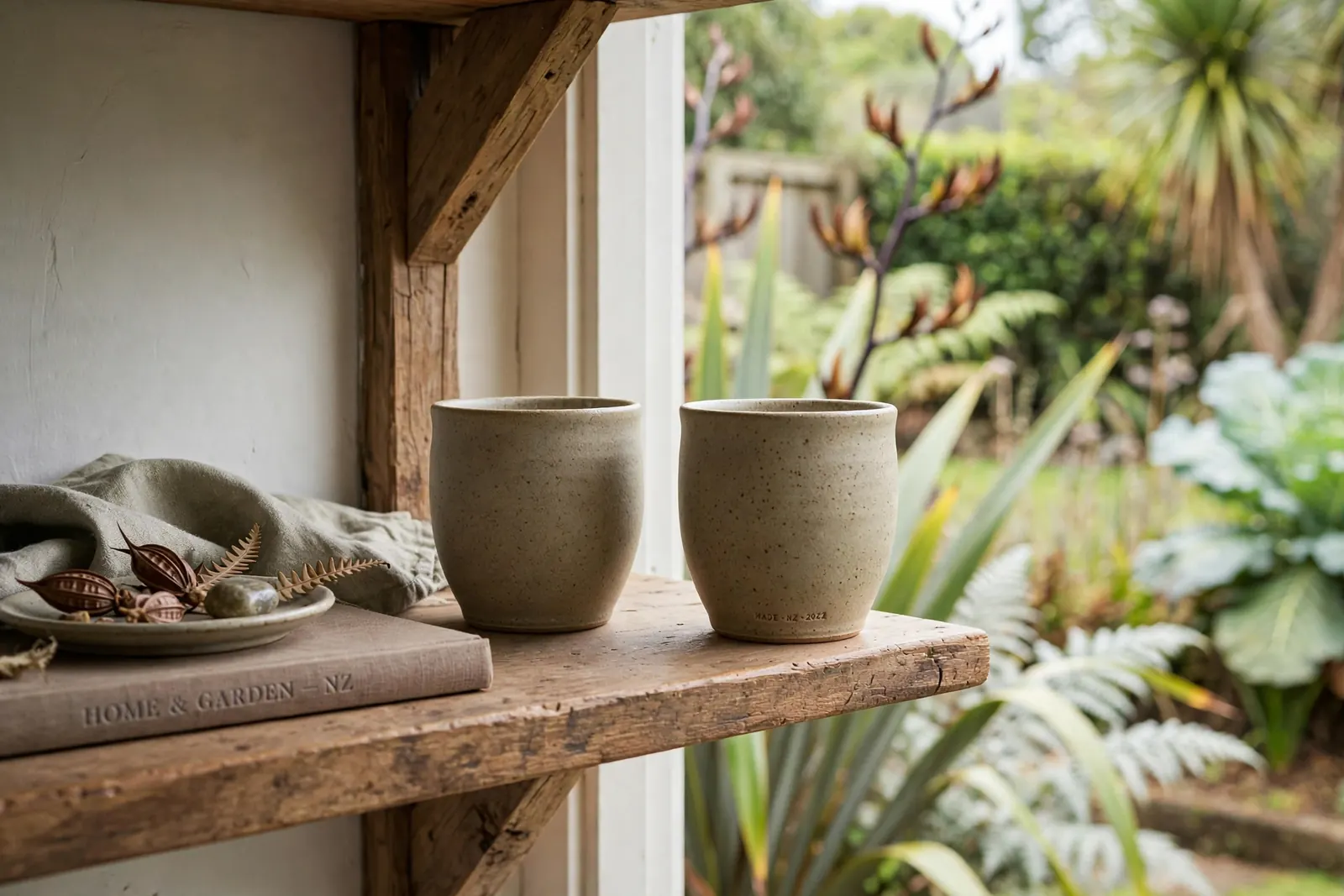 Two nearly identical ceramic cups on a wooden shelf, one turned away