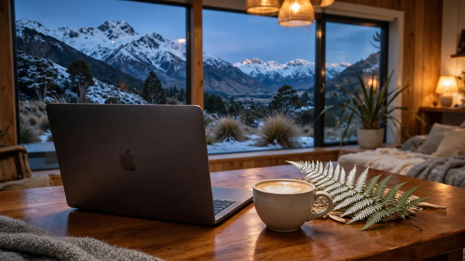 Laptop on a New Zealand home table at dusk with mountain view, representing online casino access for Kiwi players.