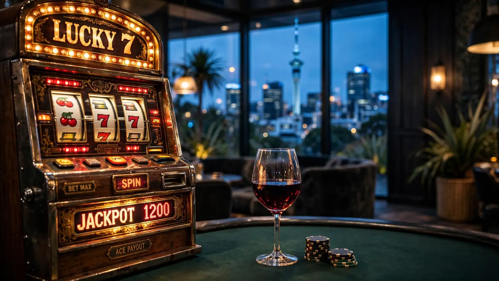 Glowing slot machine in an Auckland casino lounge at night with city skyline visible through windows.