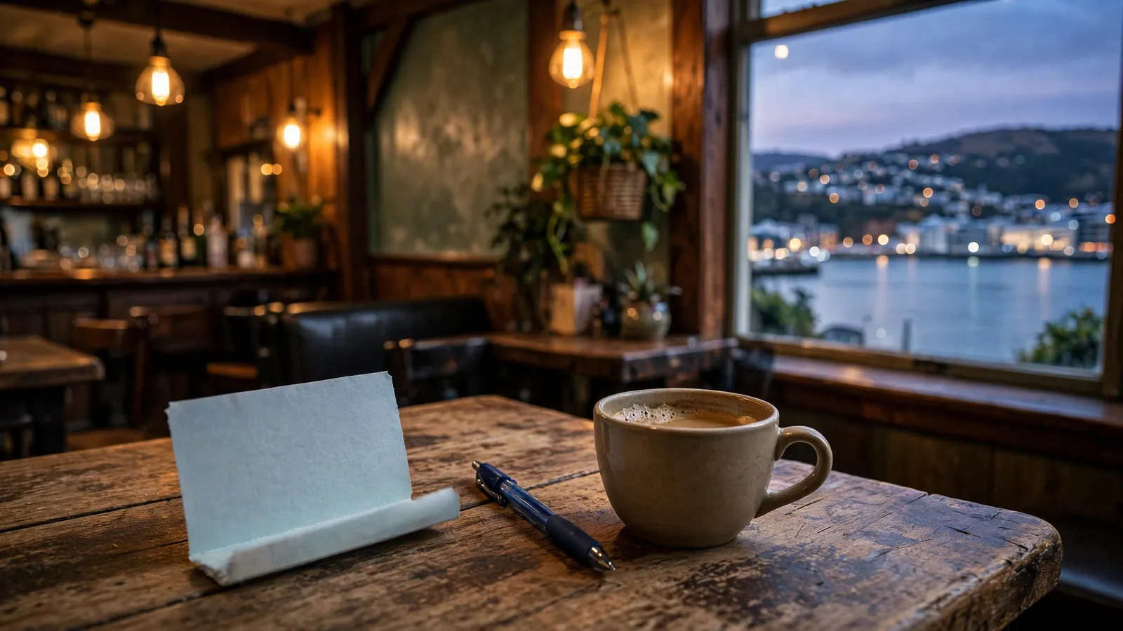 Cozy New Zealand pub table with a Keno ticket at twilight