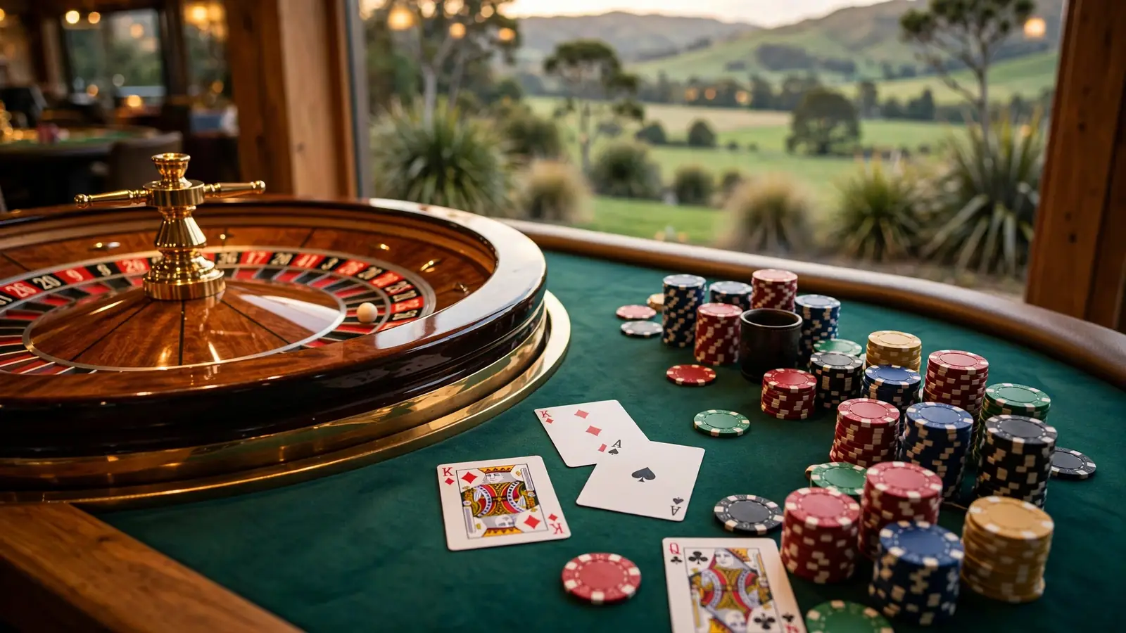 Casino table with roulette wheel, chips, and cards, New Zealand hills in background