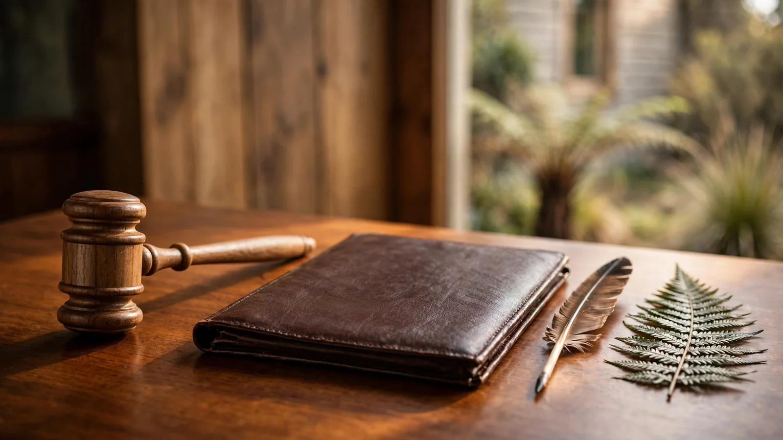Judge's gavel on a desk with a leather document folder and silver fern motif, New Zealand legal theme.