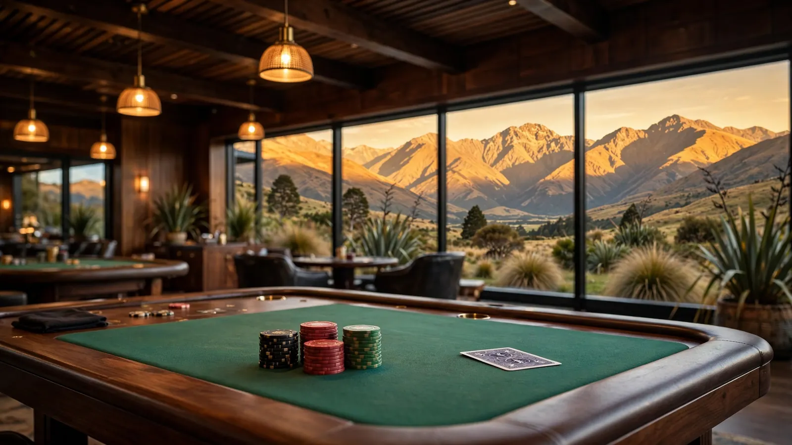 Elegant casino interior with mountains of New Zealand visible through large windows, gaming table with chips.